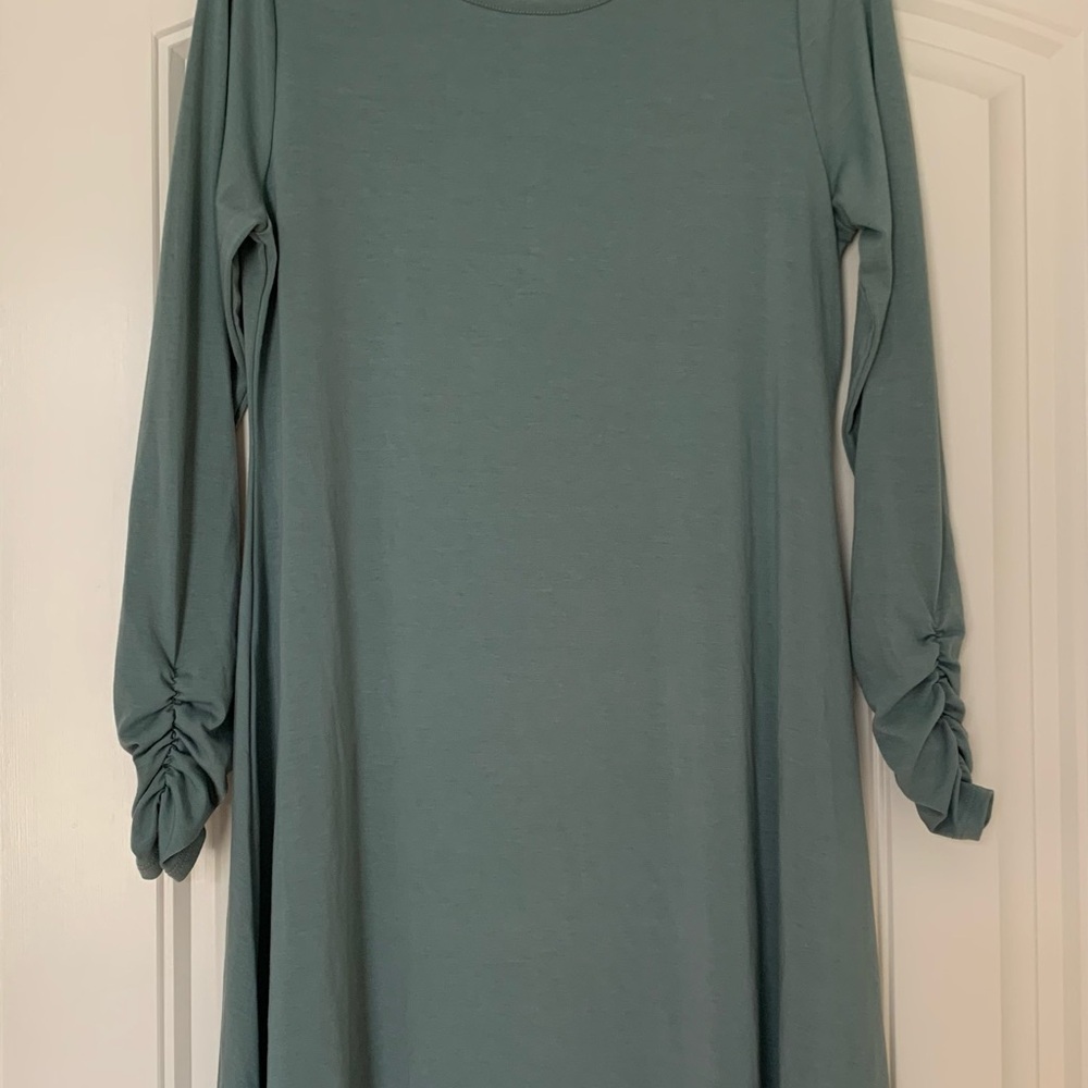 Sage Ruched Sleeve Maternity Swing Dress - Picture 2 of 5
